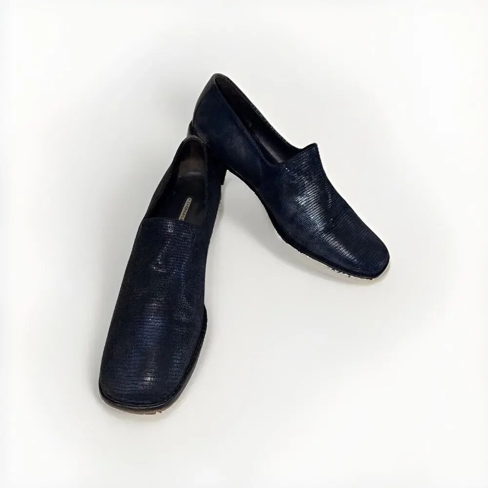 Donald J Pliner Navy Lizard Embossed Square Toe Slip On Loafer 9M Spain JB2